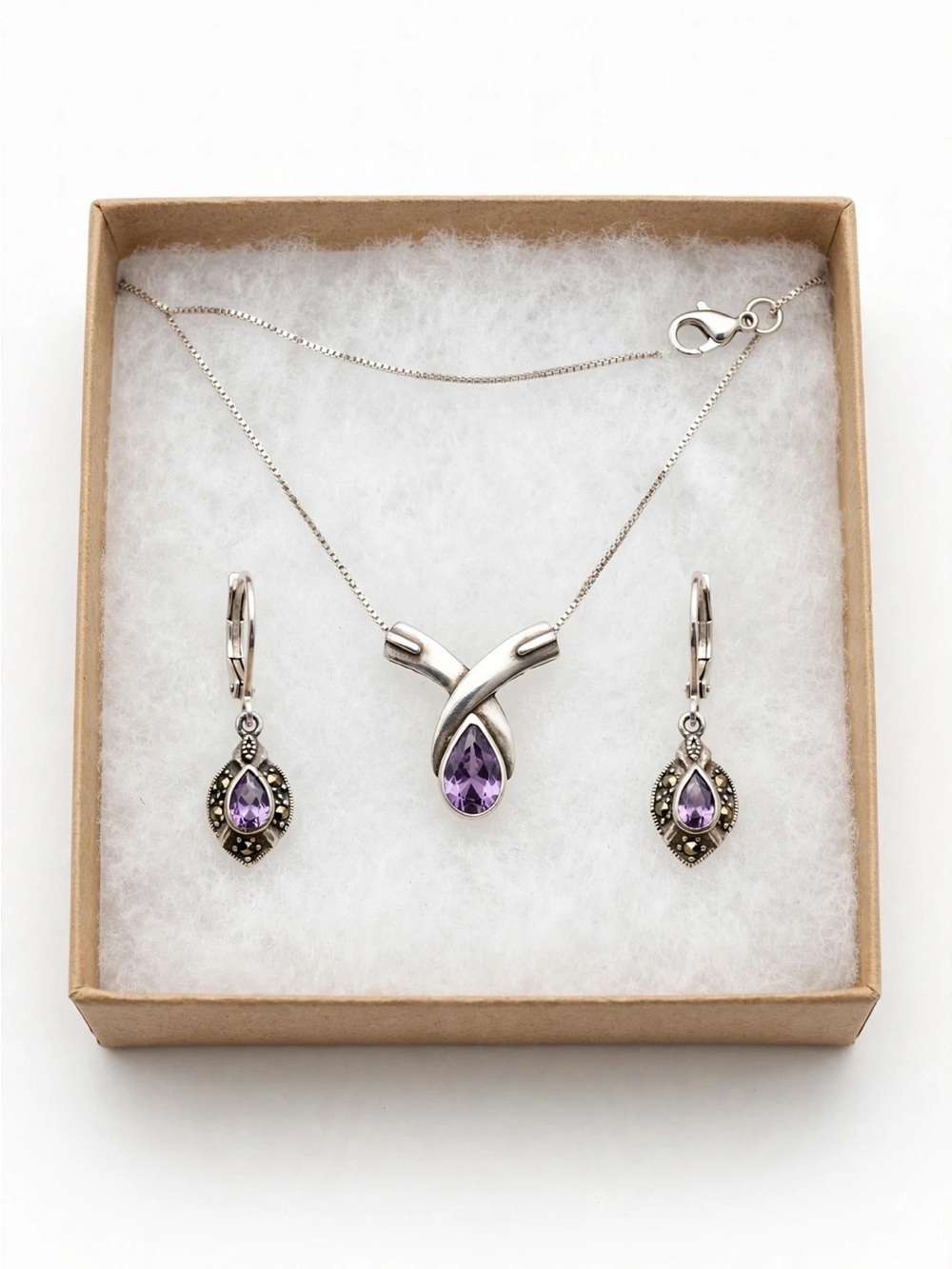 Amethyst Jewelry SET - Necklace + Earrings - 925 Sterling Silver